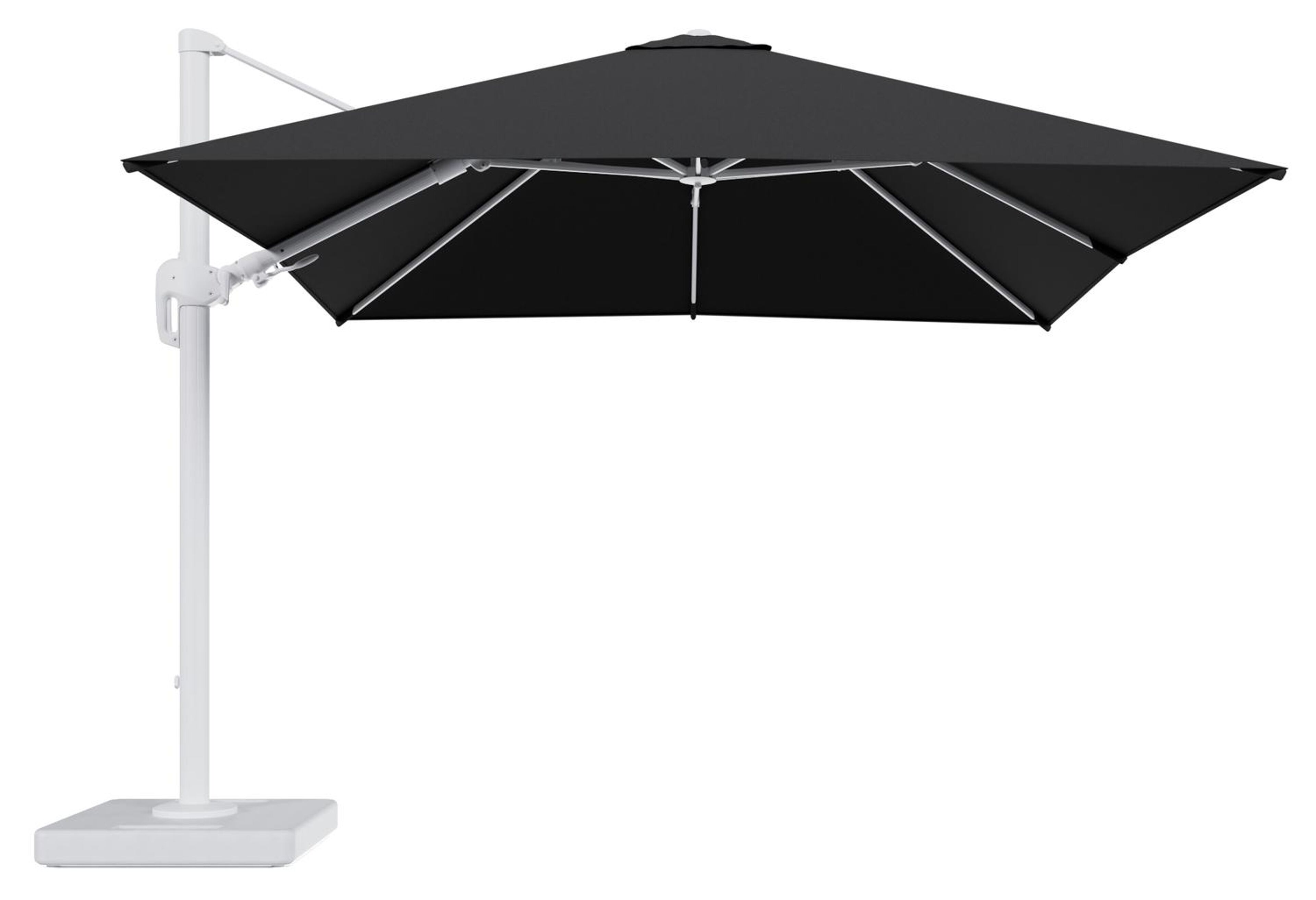 Rufina zweefparasol tiltfunctie in wit aluminium en parasoldoek in All Weather Sunbrella® Luxe Natte Sooty - L1 300 x L2 300 cm met parasolvoet Lapido 160 kg
