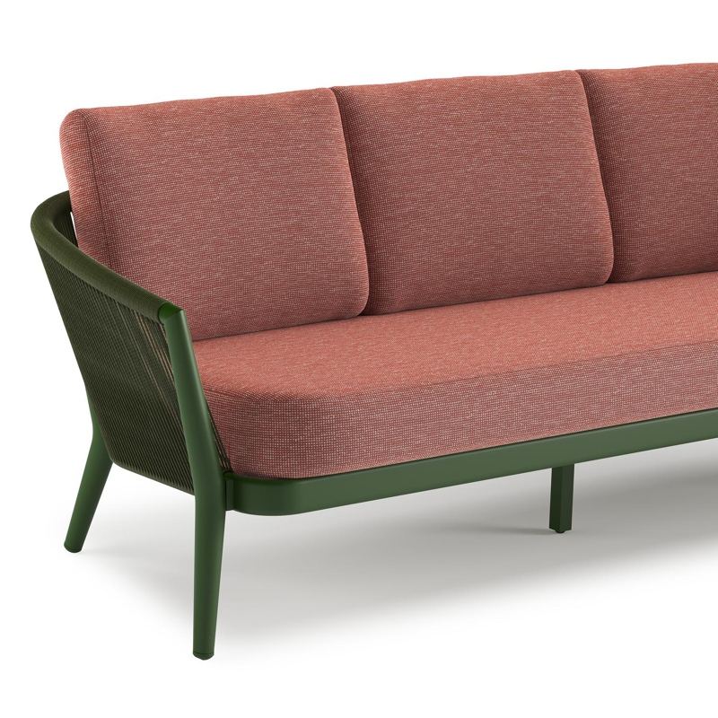 Orso loungeset in groen aluminium en groen verticaal geweven ronde rope met Slow Alezan all weather sunbrella® luxe kussen