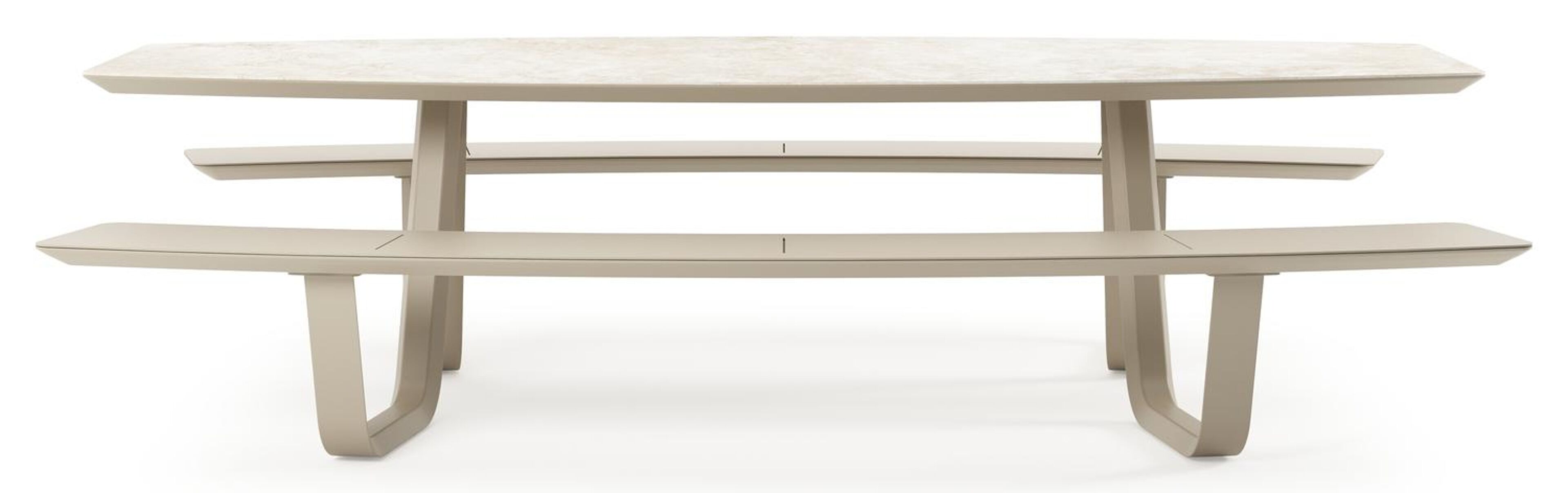 Table de pique-nique Forno forme de bateau en aluminium beige et céramique pleine Rapolano - Lg. 280 x Lrg. 192 x Haut. 72 cm