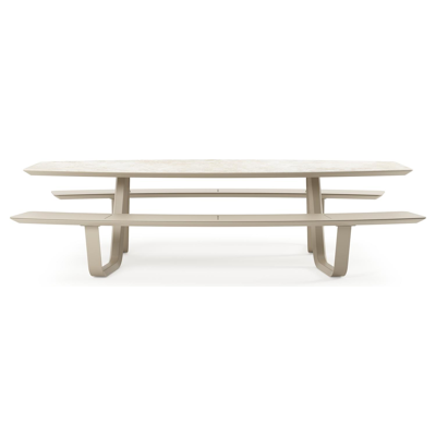 Table de pique-nique Forno forme de bateau en aluminium beige et céramique pleine Rapolano - Lg. 280 x Lrg. 112 cm