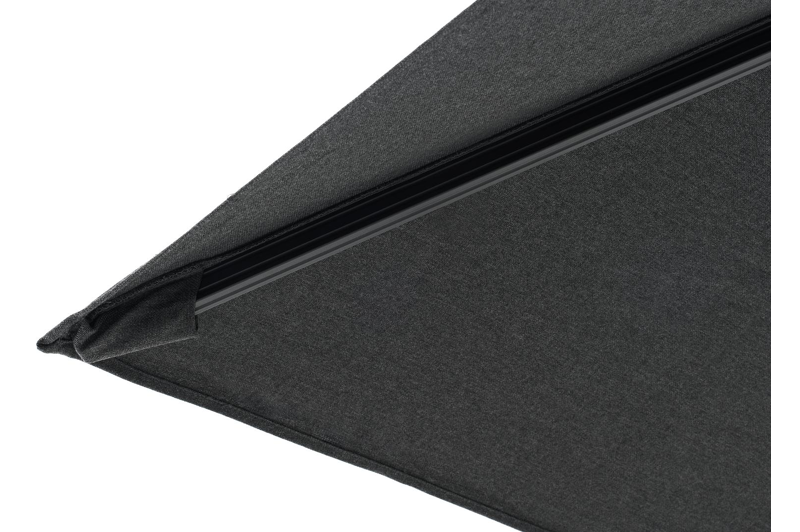 Avola zweefparasol met tiltfunctie in zwart aluminium en Natte Sooty Sunbrella® Premium parasoldoek - L1 300 x L2 300 cm met Avola parasolvoet 90 kg