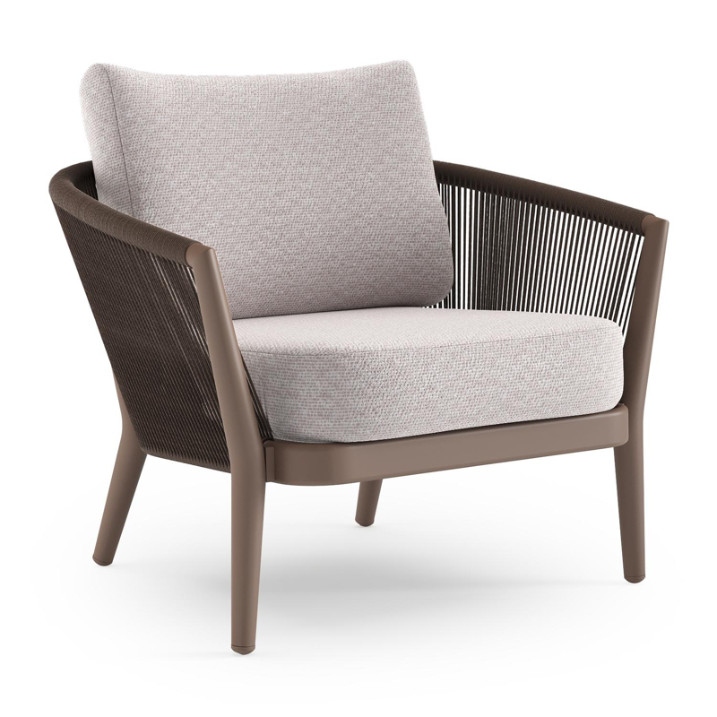 Orso loungestoel in taupe aluminiumen zwart verticaal geweven ronde rope met Wander Gobi all weather sunbrella® luxe kussen