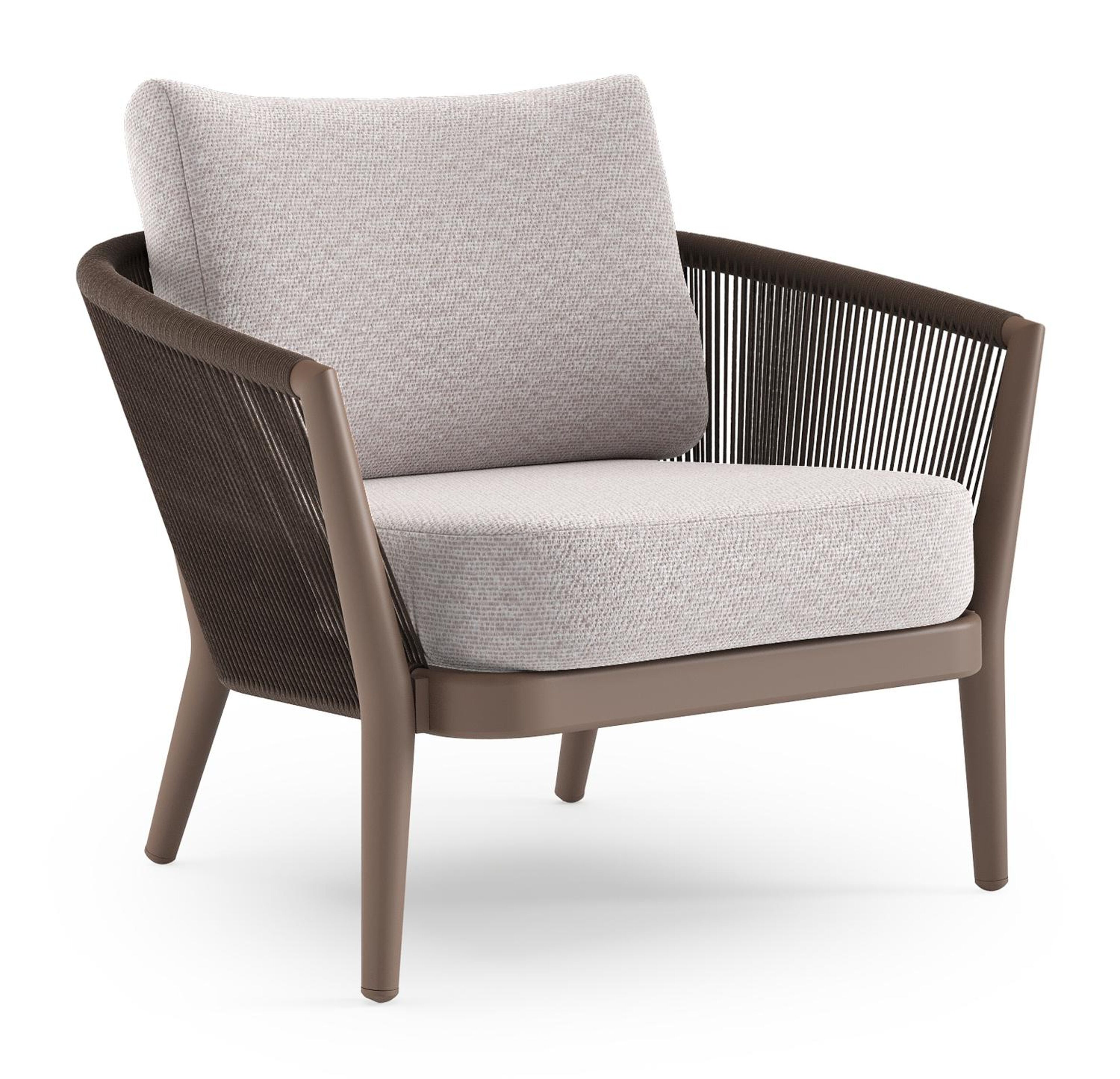 Orso loungestoel in taupe aluminiumen zwart verticaal geweven ronde rope met Wander Gobi all weather sunbrella® luxe kussen