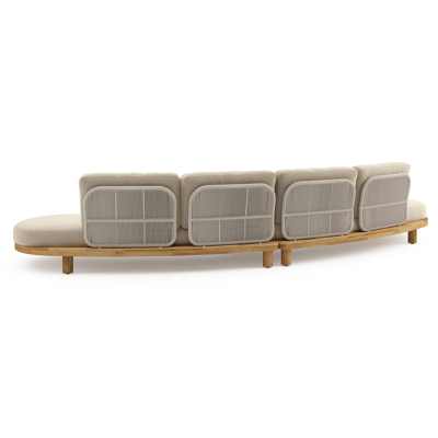 Donato loungebank in teak en beige verticaal geweven ronde rope met all weather cosytica Althea Camel kussen