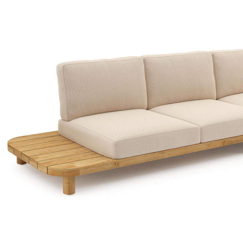 Donato loungehoek in teak en beige verticaal geweven ronde rope met all weather sunbrella® luxe Heritage Papyrus kussen