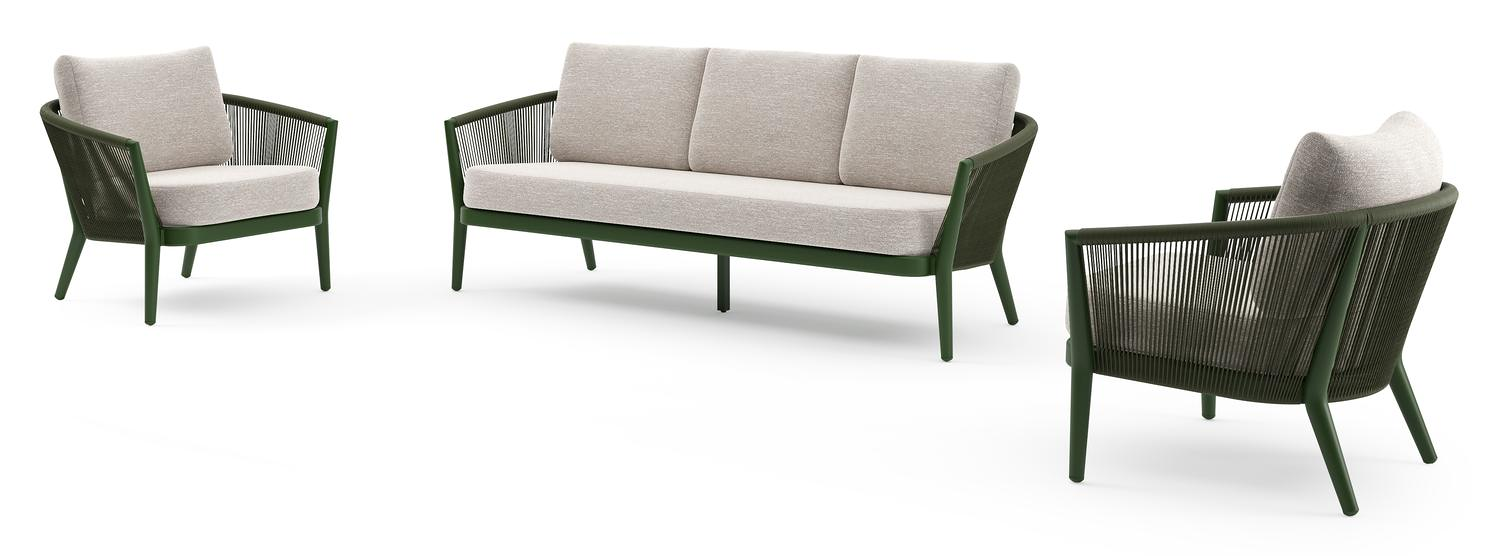 Orso loungeset in groen aluminium en groen verticaal geweven ronde rope met Tundra Sand all weather sunbrella® luxe kussen
