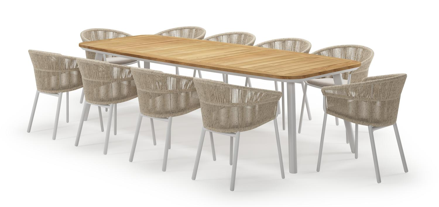 Mosa ensemble de jardin forme de bateau en aluminium blanc en teck natural finish avec 10 chaises de jardin Matera