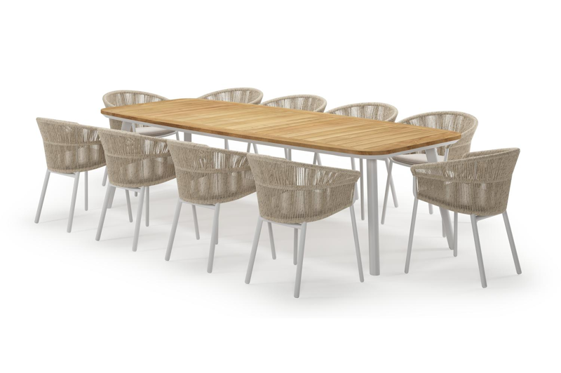 Mosa bootvormige tuinset in wit aluminium en teak natural finish met 10 Matera tuinstoelen