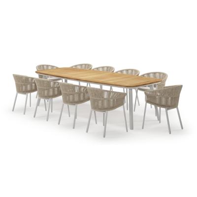 Mosa bootvormige tuinset in wit aluminium en teak natural finish met 10 Matera tuinstoelen