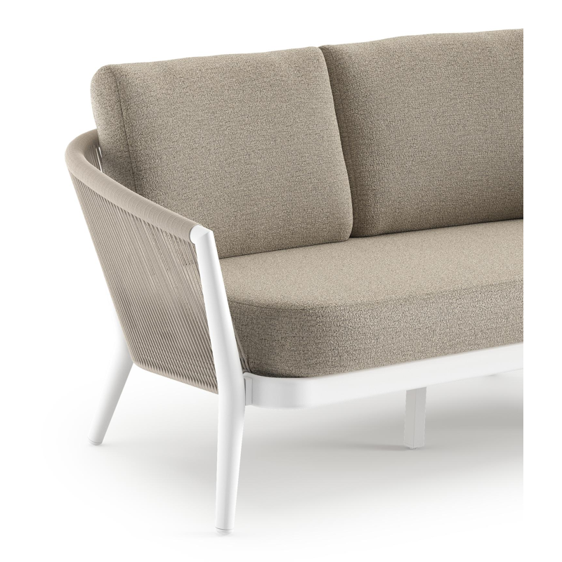 Canapé de jardin Orso en aluminium blanc en corde ronde tissée verticalement beige et coussins en all weather cosytica Catania Beige