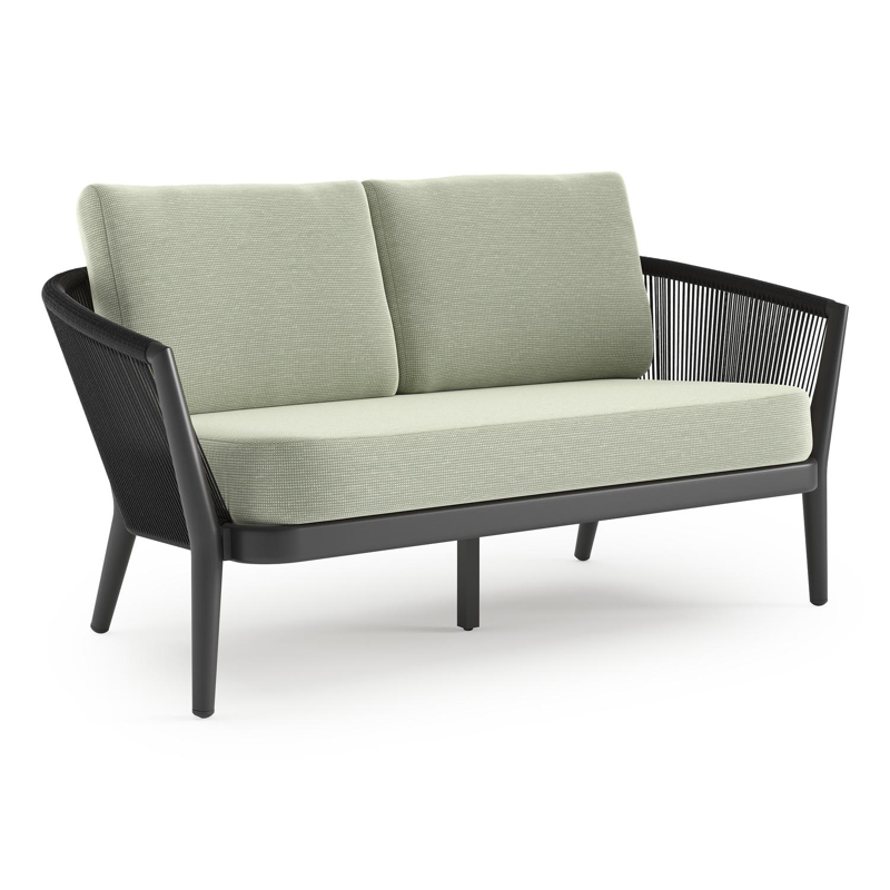 Orso loungebank in zwart aluminium en zwart verticaal geweven ronde rope met Slow Spirea all weather sunbrella® luxe kussen