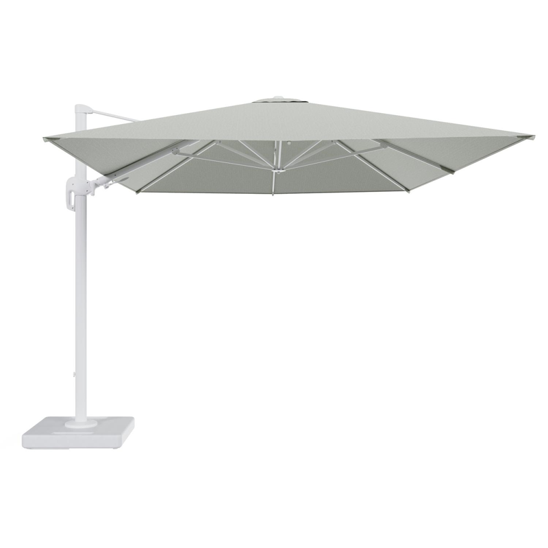 Rufina zweefparasol tiltfunctie in wit aluminium en parasoldoek in All Weather Sunbrella® Luxe Slow Spirea - L1 400 x L2 300 cm met parasolvoet Lapido 160 kg