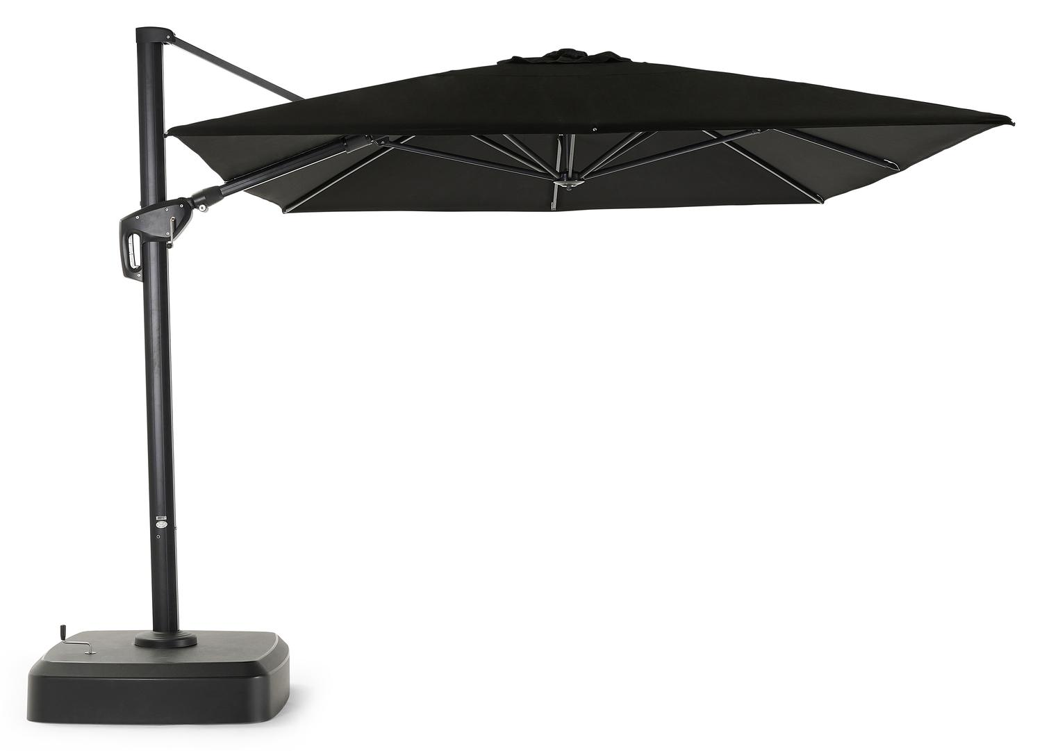 Minore zweefparasol met tiltfunctie in zwart aluminium met grijs sunbrella® premium parasoldoek - L1 300 x L2 400 cm (met voet)
