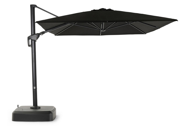 Minore zweefparasol met tiltfunctie in zwart aluminium met grijs sunbrella® premium parasoldoek - L1 300 x L2 400 cm (met voet)