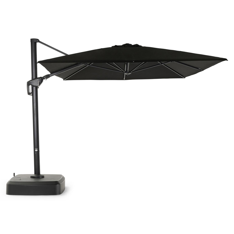 Minore zweefparasol met tiltfunctie in zwart aluminium met grijs sunbrella® premium parasoldoek - L1 300 x L2 400 cm (met voet)