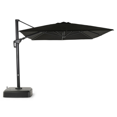 Minore zweefparasol met tiltfunctie in zwart aluminium met grijs sunbrella® premium parasoldoek - L1 300 x L2 400 cm (met voet)