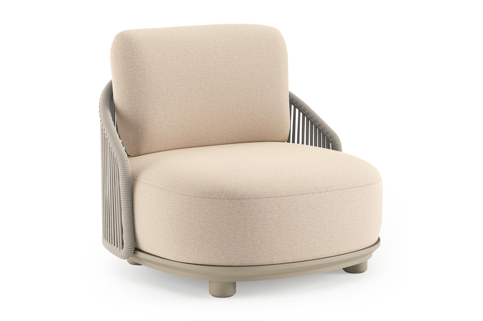 Fauteuil de jardin Vadelo en aluminium beige et corde ronde tissée verticalement beige et coussins en all weather sunbrella® luxe heritage papyrus