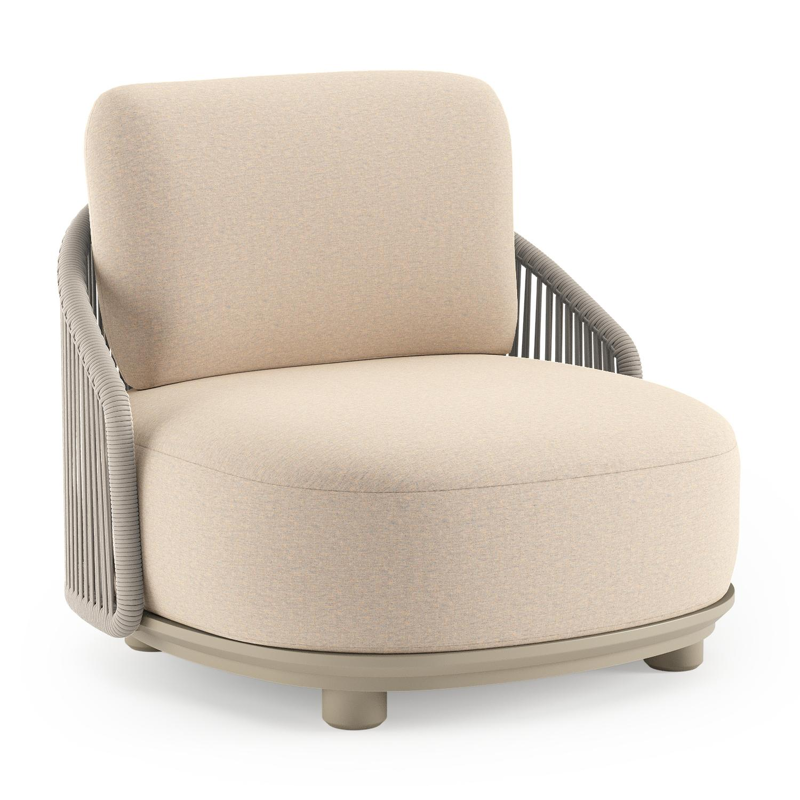 Fauteuil de jardin Vadelo en aluminium beige et corde ronde tissée verticalement beige et coussins en all weather sunbrella® luxe heritage papyrus