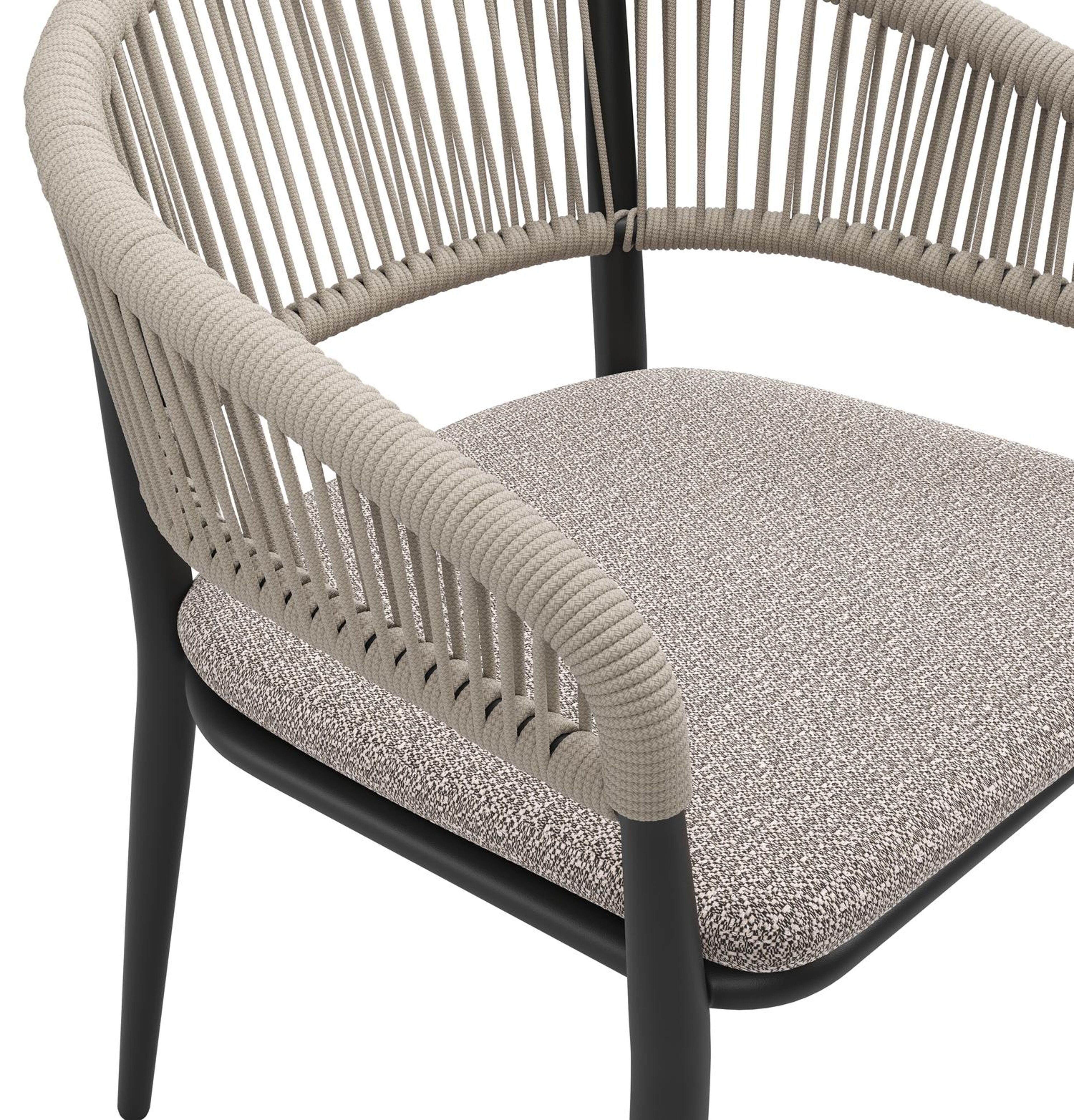 Tolfa stapelbare tuinstoel in zwart aluminium en beige verticaal geweven ronde rope met stoelkussen in All Weather Sunbrella® Luxe Wander Granite