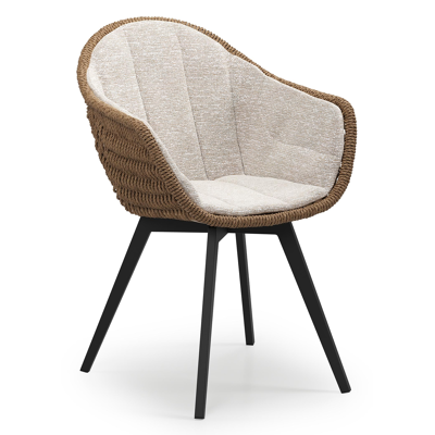 Pagino tuinstoel in zwart aluminium en bruin ronde wicker met zitkussen in All Weather Sunbrella® Luxe Tundra Sand