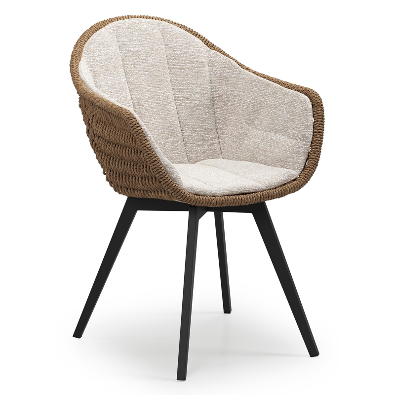 Pagino tuinstoel in zwart aluminium en bruin ronde wicker met zitkussen in All Weather Sunbrella® Luxe Tundra Sand