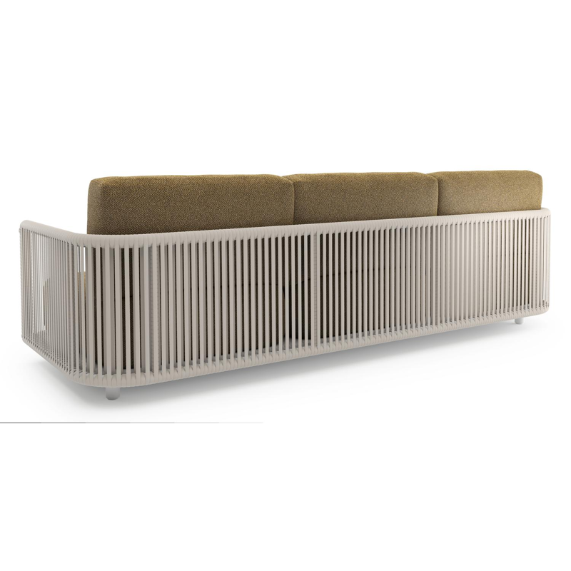 Canapé de jardin Organo en aluminium blanc et corde luxe plate tissée verticalement beige et coussin en all weather Cosytica madagascar walnut