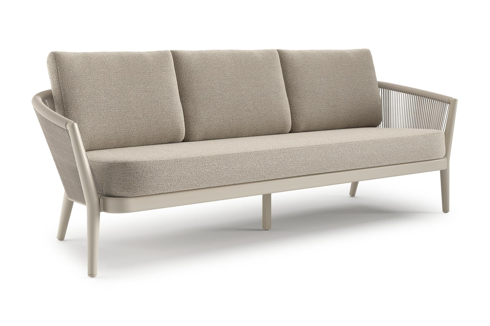 Canapé de jardin Orso en aluminium beige en corde ronde tissée verticalement beige et coussins en all weather cosytica Catania Greige