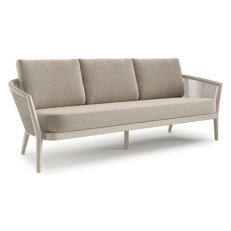 Canapé de jardin Orso en aluminium beige en corde ronde tissée verticalement beige et coussins en all weather cosytica Catania Greige