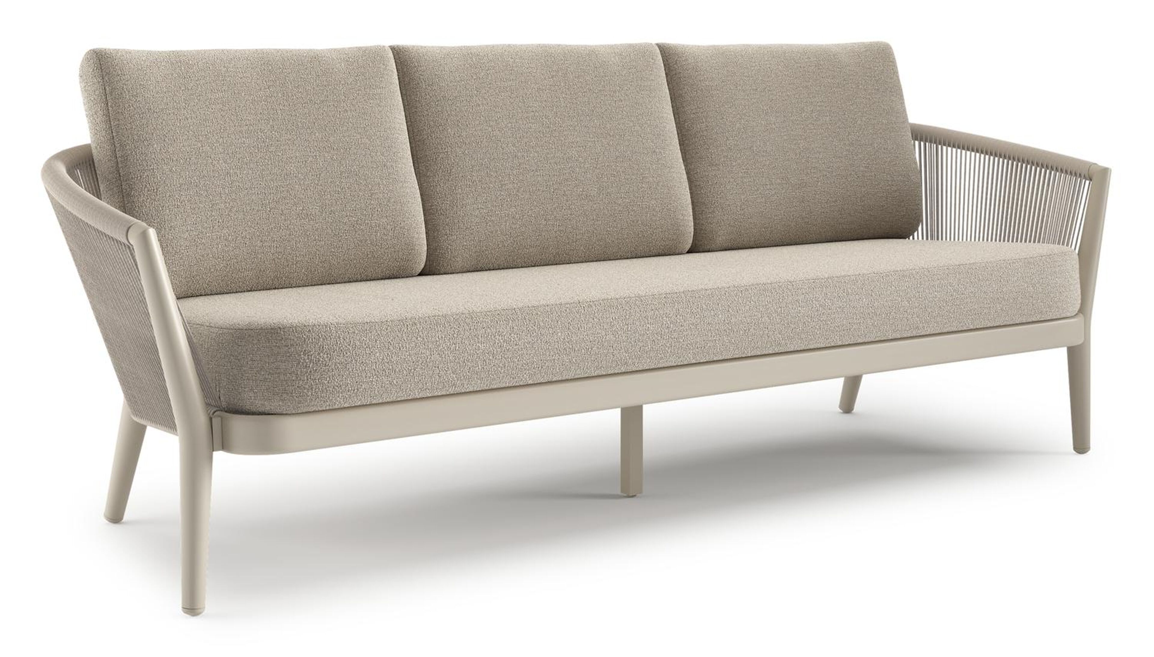 Orso loungebank in beige aluminium en beige verticaal geweven ronde rope met Catania Greige all weather cosytica kussen