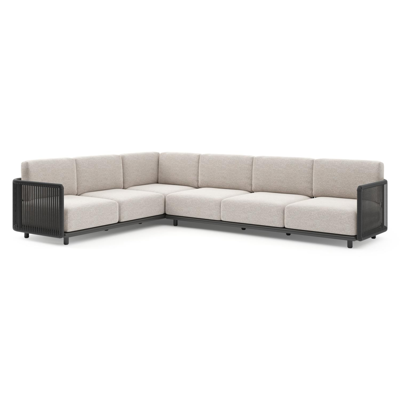Organo loungehoek in zwart aluminium en zwart verticaal geweven luxe vlakke rope met tundra sand all weather Sunbrella® luxe kussen