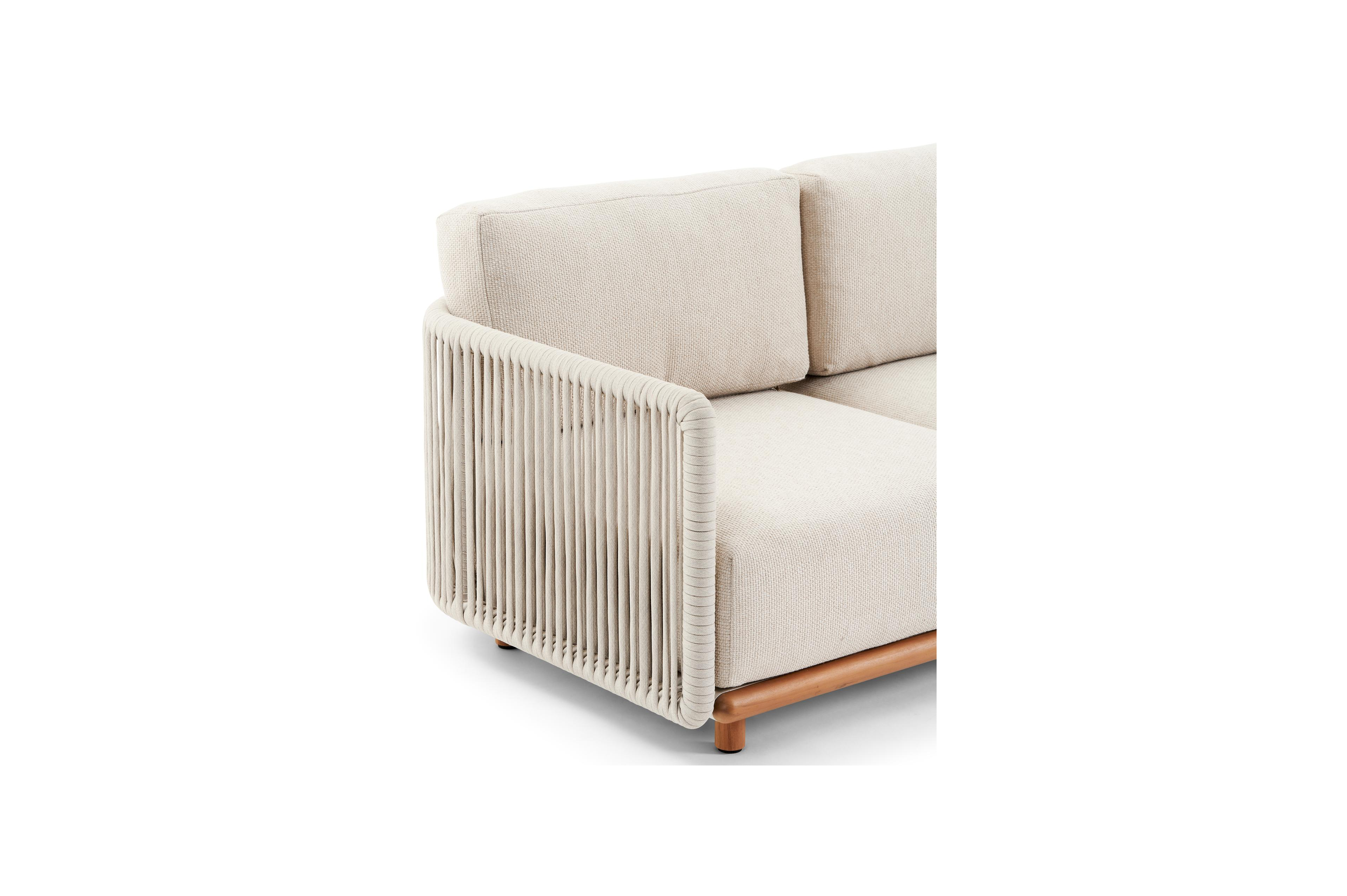 Organo loungebank 3-zit in teak en beige verticaal geweven luxe vlakke rope met althea chalk All Weather Cosytica kussen