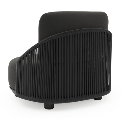 Vadelo loungestoel in zwart aluminium en zwart verticaal geweven ronde rope met natte sooty all weather sunbrella® luxe kussen