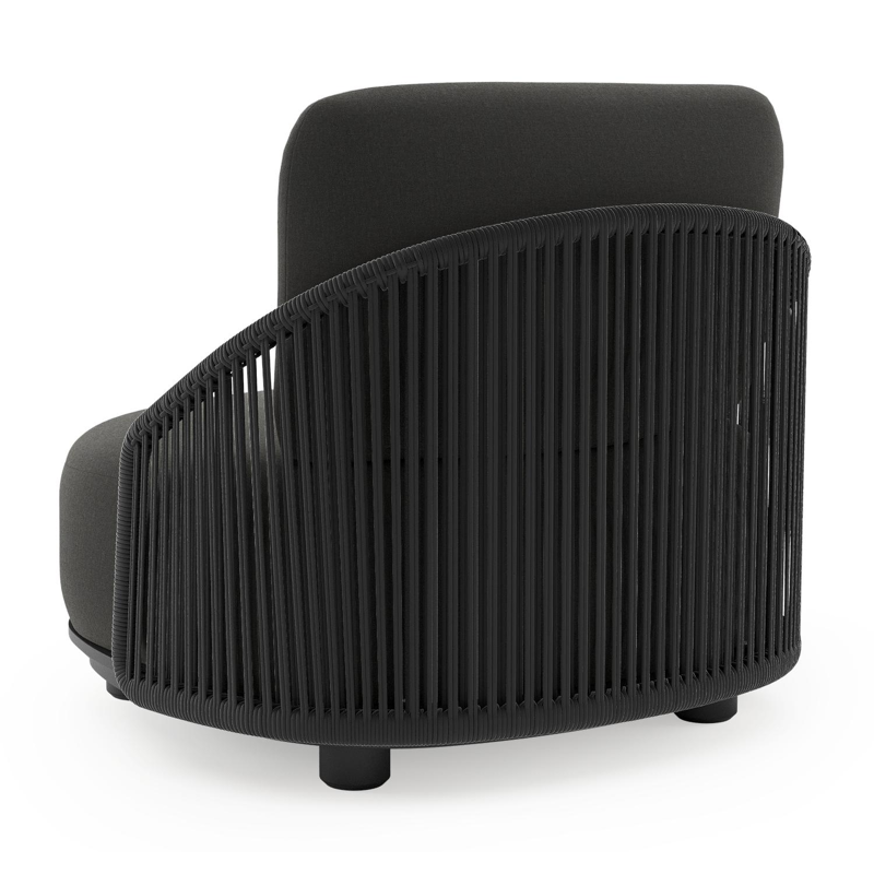 Fauteuil de jardin Vadelo en aluminium noir et corde ronde tissée verticalement noir et coussins en all weather sunbrella® luxe natte sooty