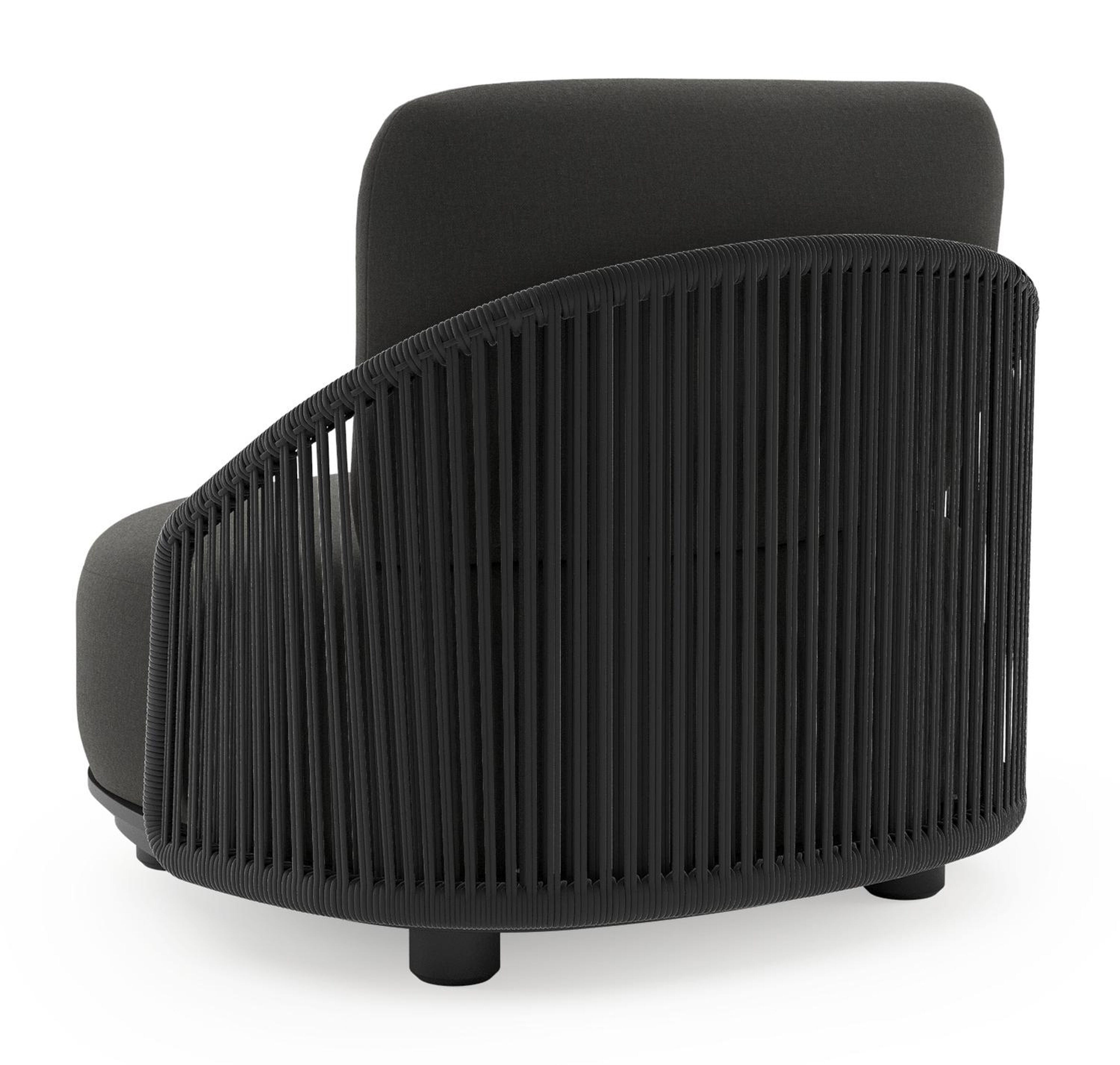 Vadelo loungestoel in zwart aluminium en zwart verticaal geweven ronde rope met natte sooty all weather sunbrella® luxe kussen