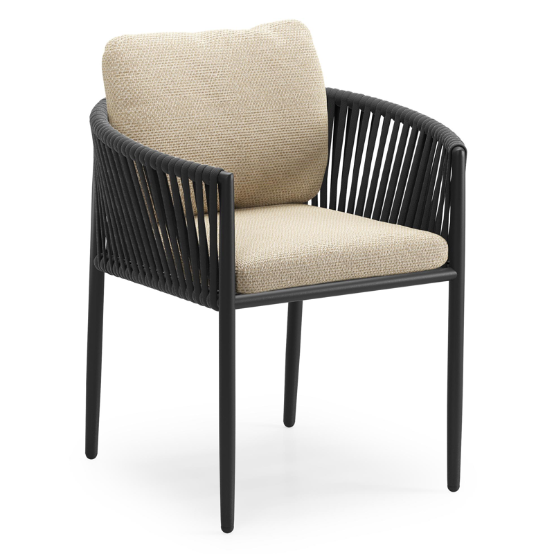 Organo tuinstoel in zwart aluminium en zwart verticaal geweven luxe vlakke rope met zitkussen in All Weather Cosytica Althea Camel