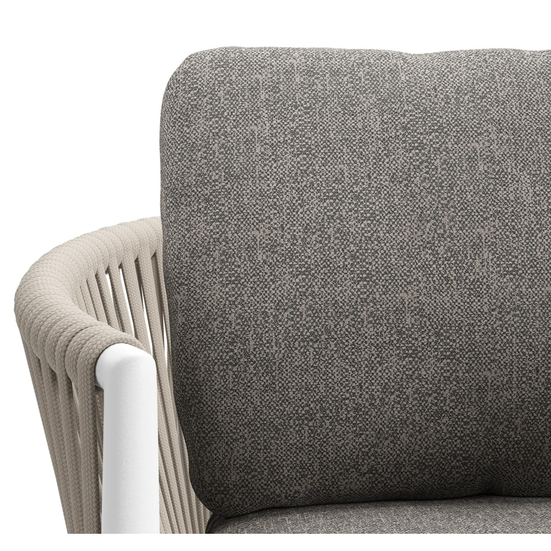 Chaise de jardin Organo en aluminium blanc et corde luxe plate tissée verticalement beige avec coussin en All Weather Sunbrella® Luxe Chartres Drizzle