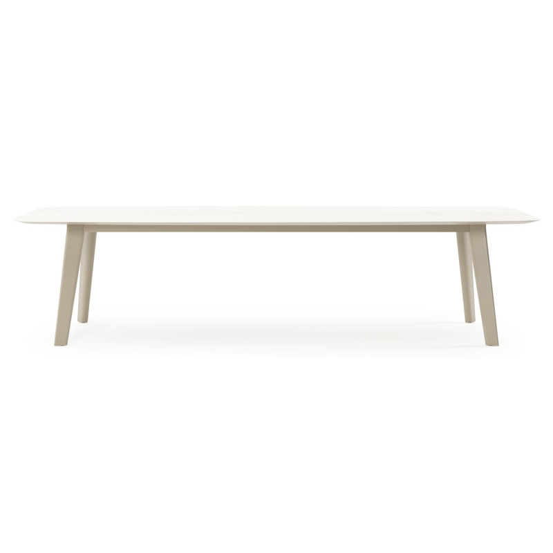 Table de jardin Lacirma forme de bateau en aluminium beige et céramique pleine Calista Lg. 315 x Lrg. 115 x Haut. 73 cm