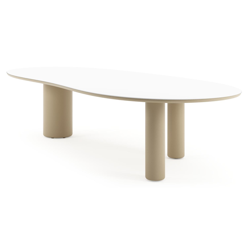 Table de jardin Amico organique en aluminium beige et céramique pleine Arctic White - Lg. 320 x Lrg. 145 x Haut. 73.5 cm