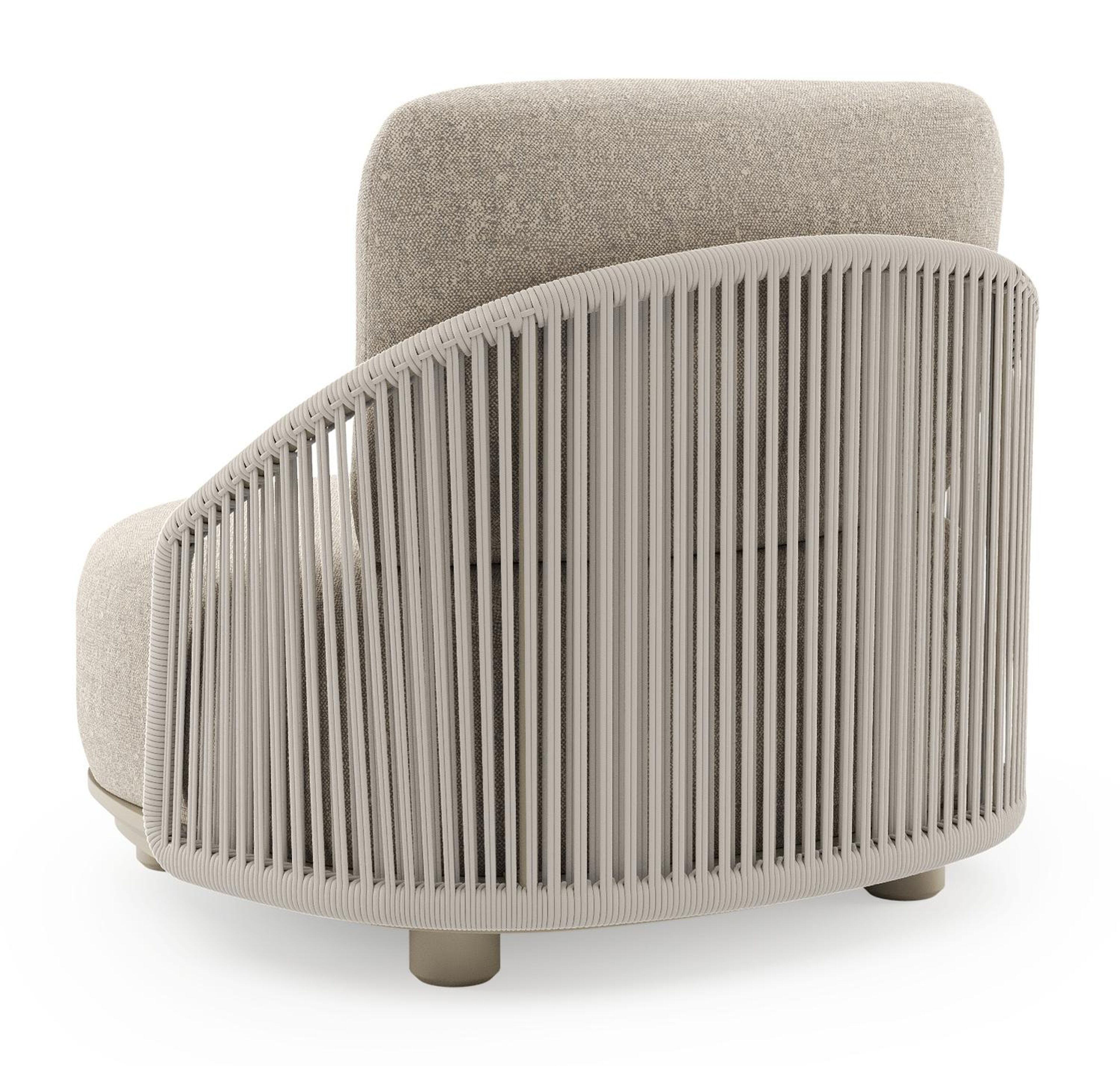 Fauteuil de jardin Vadelo en aluminium beige et corde ronde tissée verticalement beige et coussins en all weather sunbrella® luxe chartres pewter