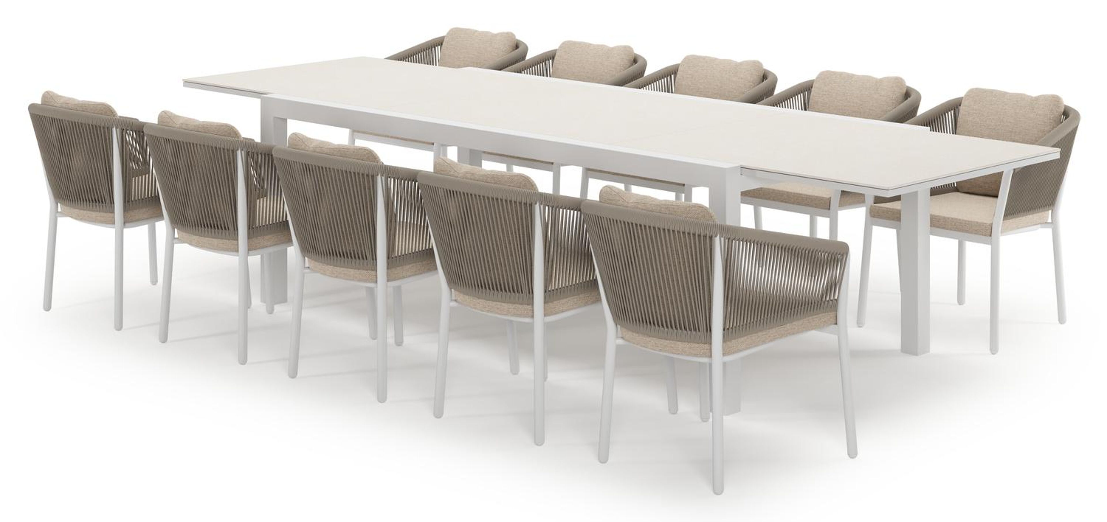 Calobra uitschuifbare tuinset in wit aluminium en crema minerale sintered stone met 10 Gerona tuinstoelen