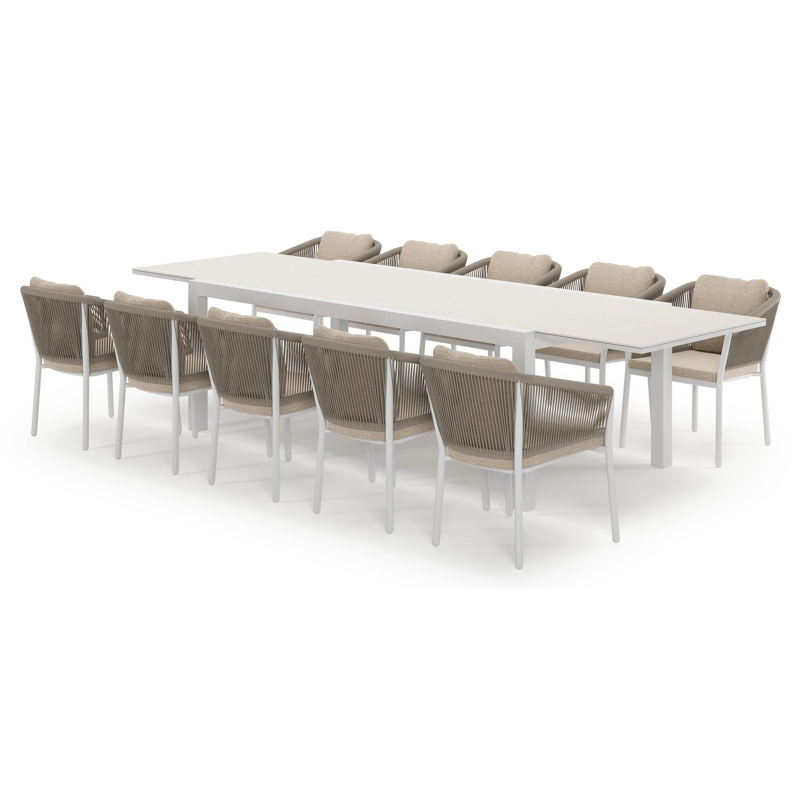 Calobra uitschuifbare tuinset in wit aluminium en crema minerale sintered stone met 10 Gerona tuinstoelen