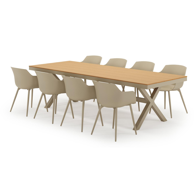 Ensemble de jardin Bahia en aluminium beige et polywood avec 8 chaises de jardin Paco