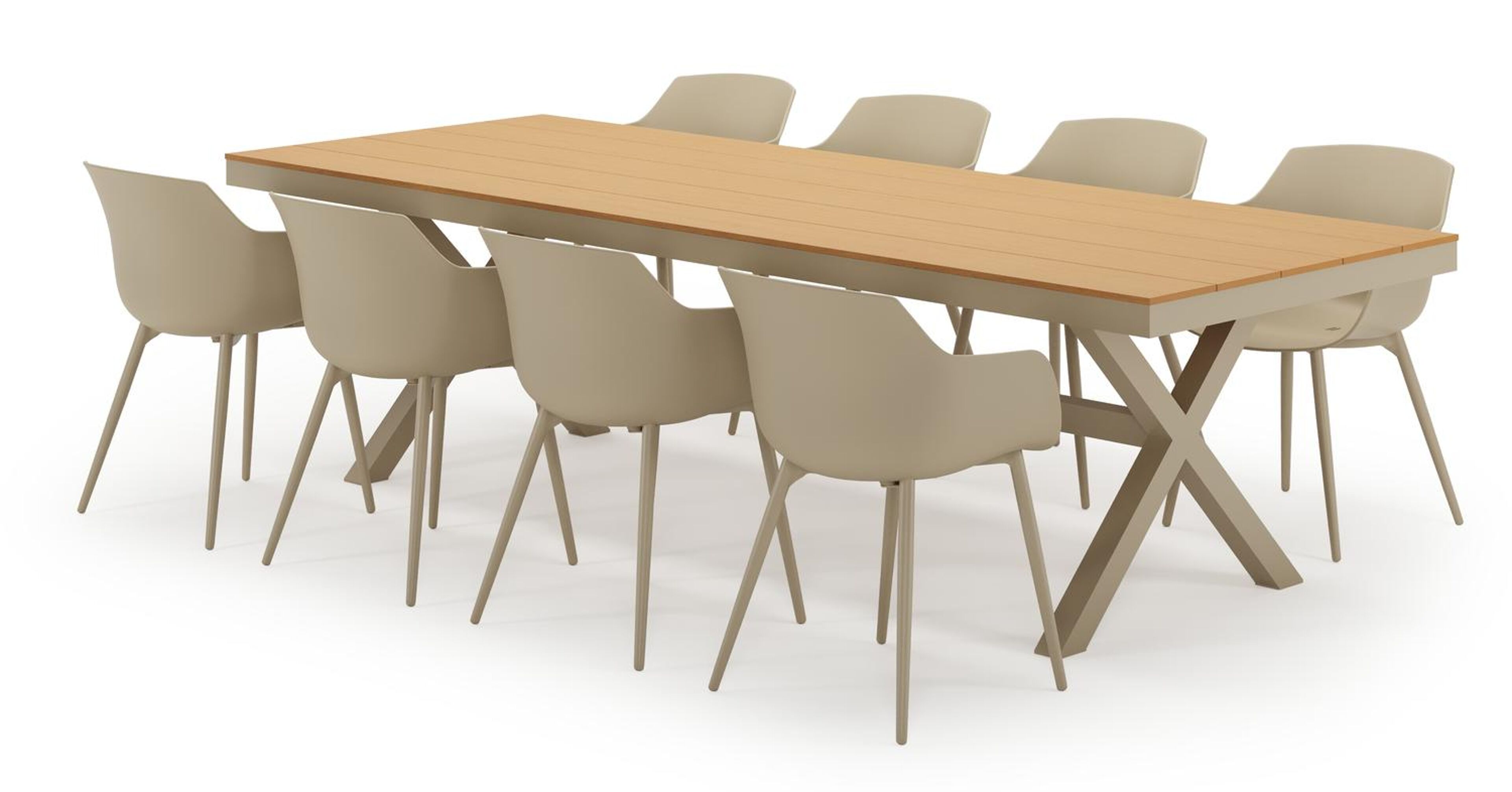 Ensemble de jardin Bahia en aluminium beige et polywood avec 8 chaises de jardin Paco