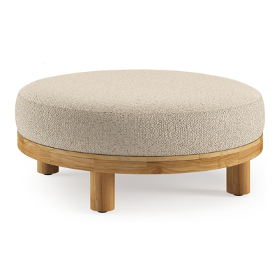 Donato lounge poef in teak en beige verticaal geweven ronde rope met all weather cosytica Bora Forest kussen