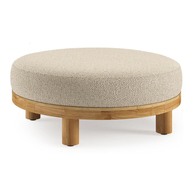 Salon de jardin pouf Donato en teck et corde ronde tissée verticalement beige et coussins en all weather cosytica Bora Forest