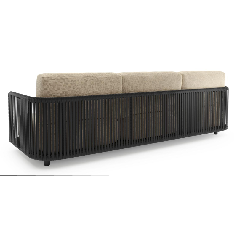 Organo loungebank in zwart aluminium en zwart verticaal geweven luxe vlakke rope met althea camel all weather Cosytica kussen