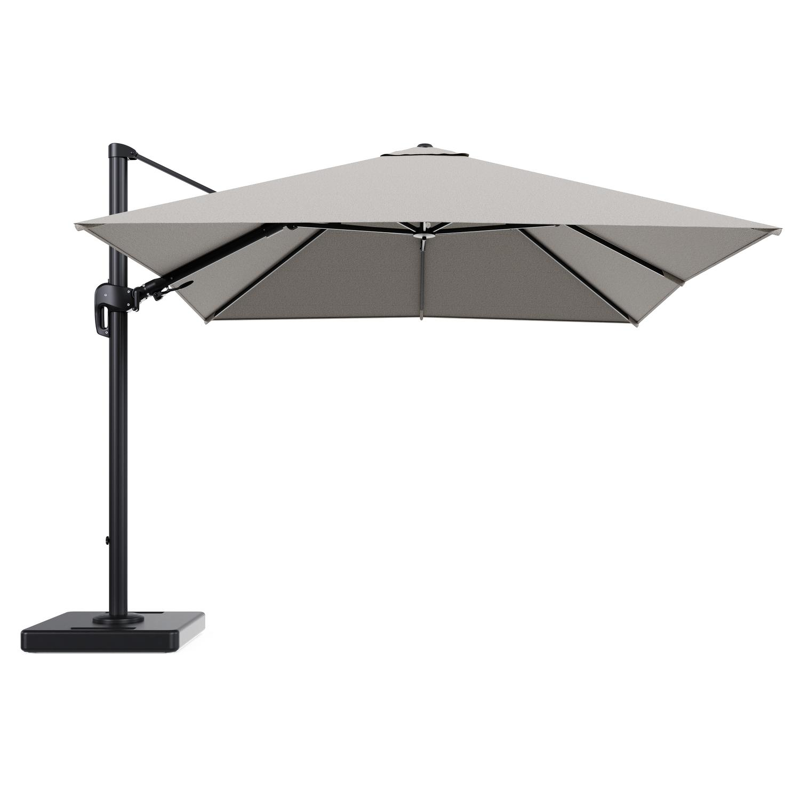Parasol pendant Rufina avec fonction tilt en aluminium noir et toile de parasol en All Weather Solica Firenze Sand - Lg.1 300 x Lg.2 300 cm avec pied de parasol Lapido 160 kg