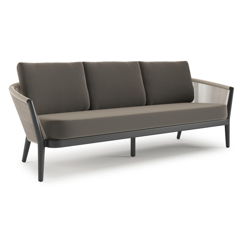 Canapé de jardin Orso en aluminium noir en corde ronde tissée verticalement beige et coussins en all weather sunbrella® luxe Natte Carbon Beige