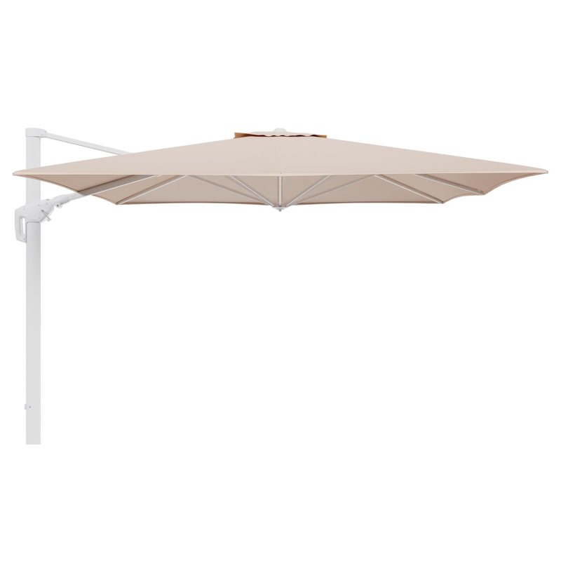 Parasol pendant Minore avec fonction tilt en aluminium blanc et toile de parasol en All Weather Sunbrella® Luxe Natte Linen Chalk  - Lg.1: 350 x Lg.2: 350 cm (sans pied de parasol