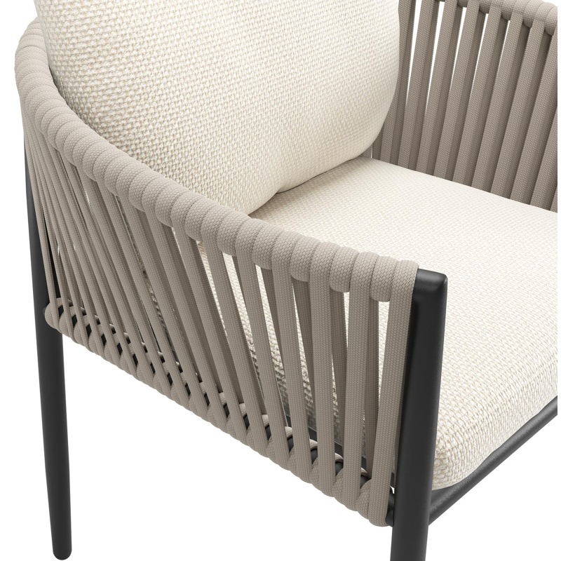 Organo tuinstoel in zwart aluminium en beige verticaal geweven luxe vlakke rope met zitkussen in All Weather Cosytica Althea Off White